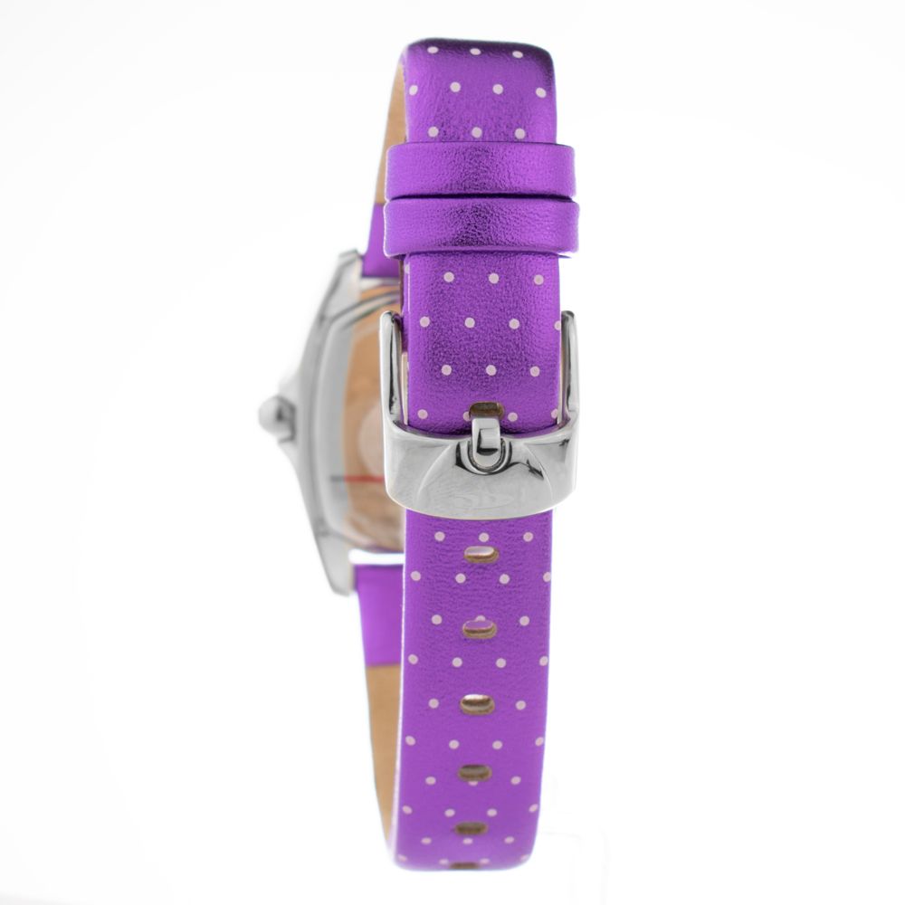 A purple leather watch with a silver buckle
