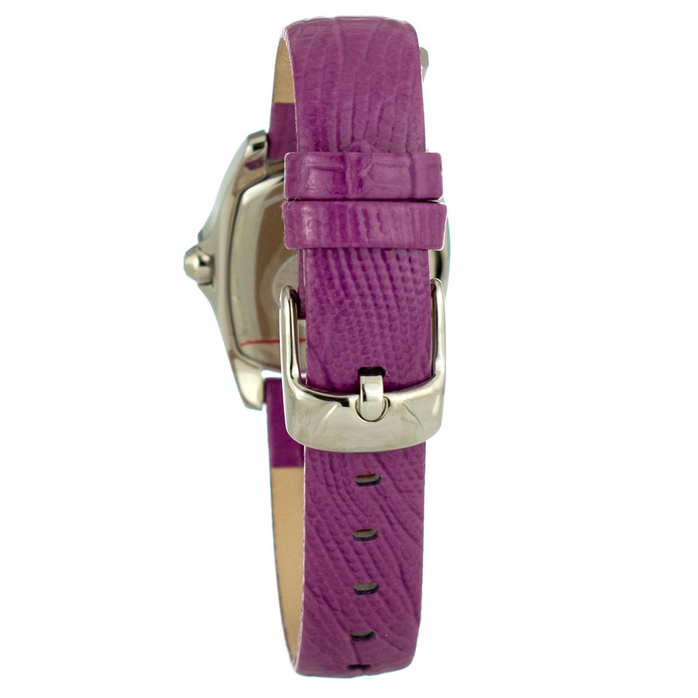 A purple leather watch with a silver buckle
