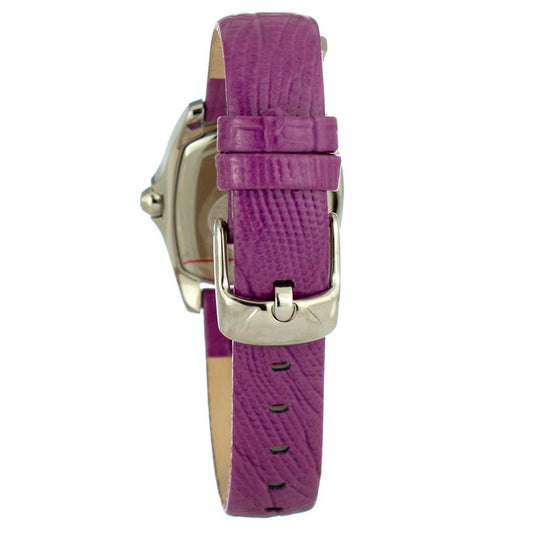 A purple leather watch with a silver buckle