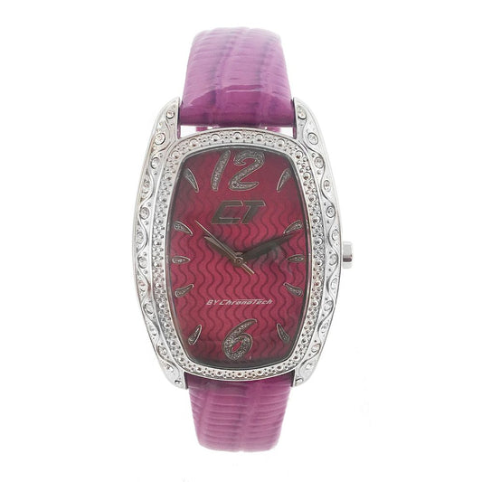 A purple leather watch with a diamond-studded face and hands, featuring a red background with white text for the brand name