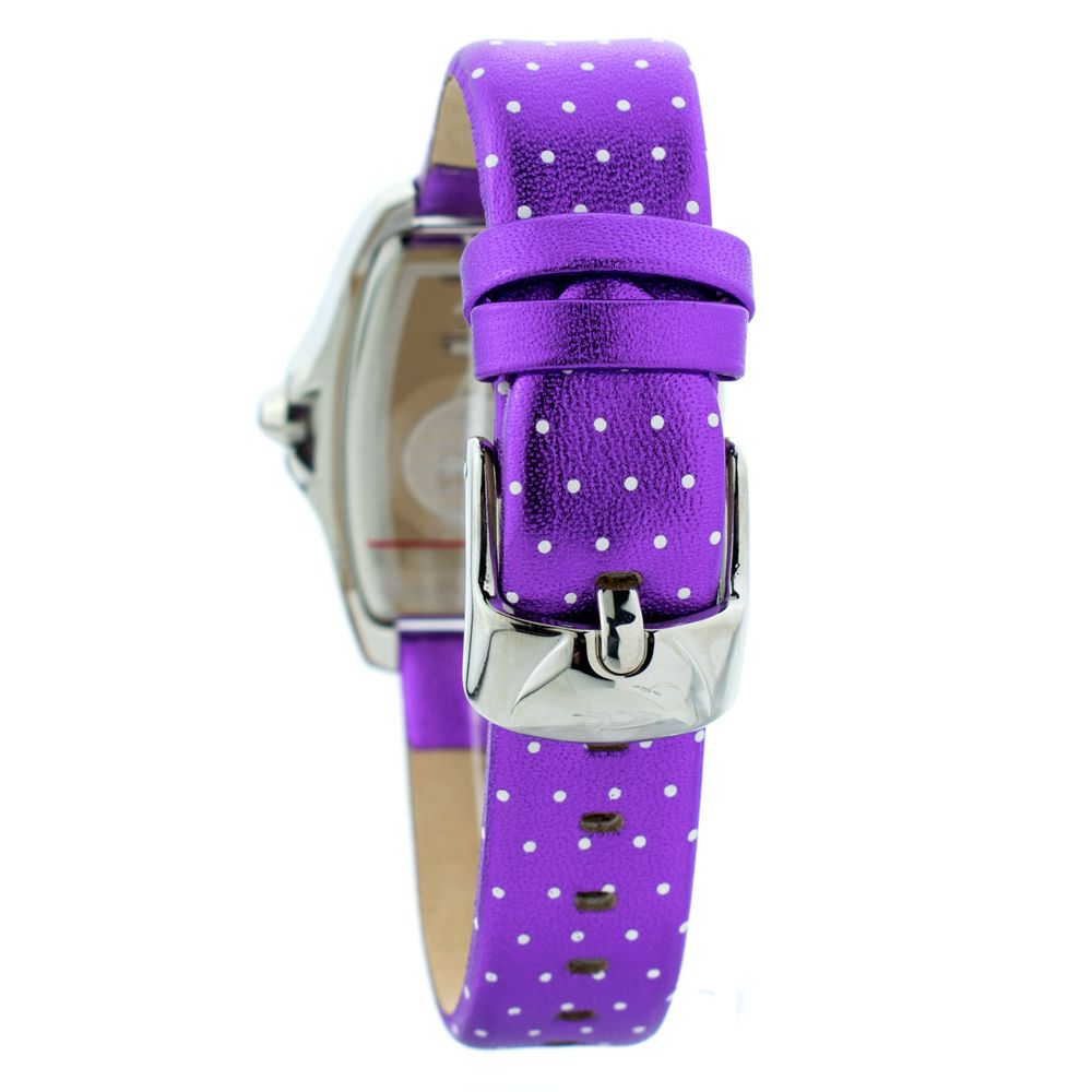 A purple leather watch with a polka dot pattern on the strap