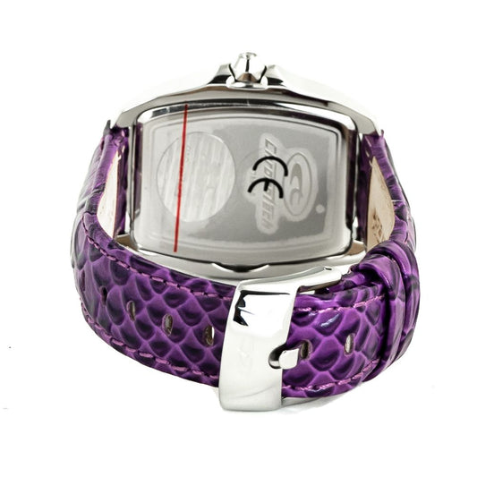 A purple leather watch with a silver band