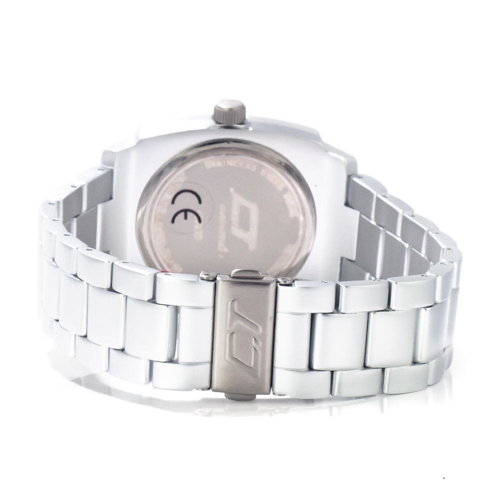 A silver aluminum watch with a black face and white numbers