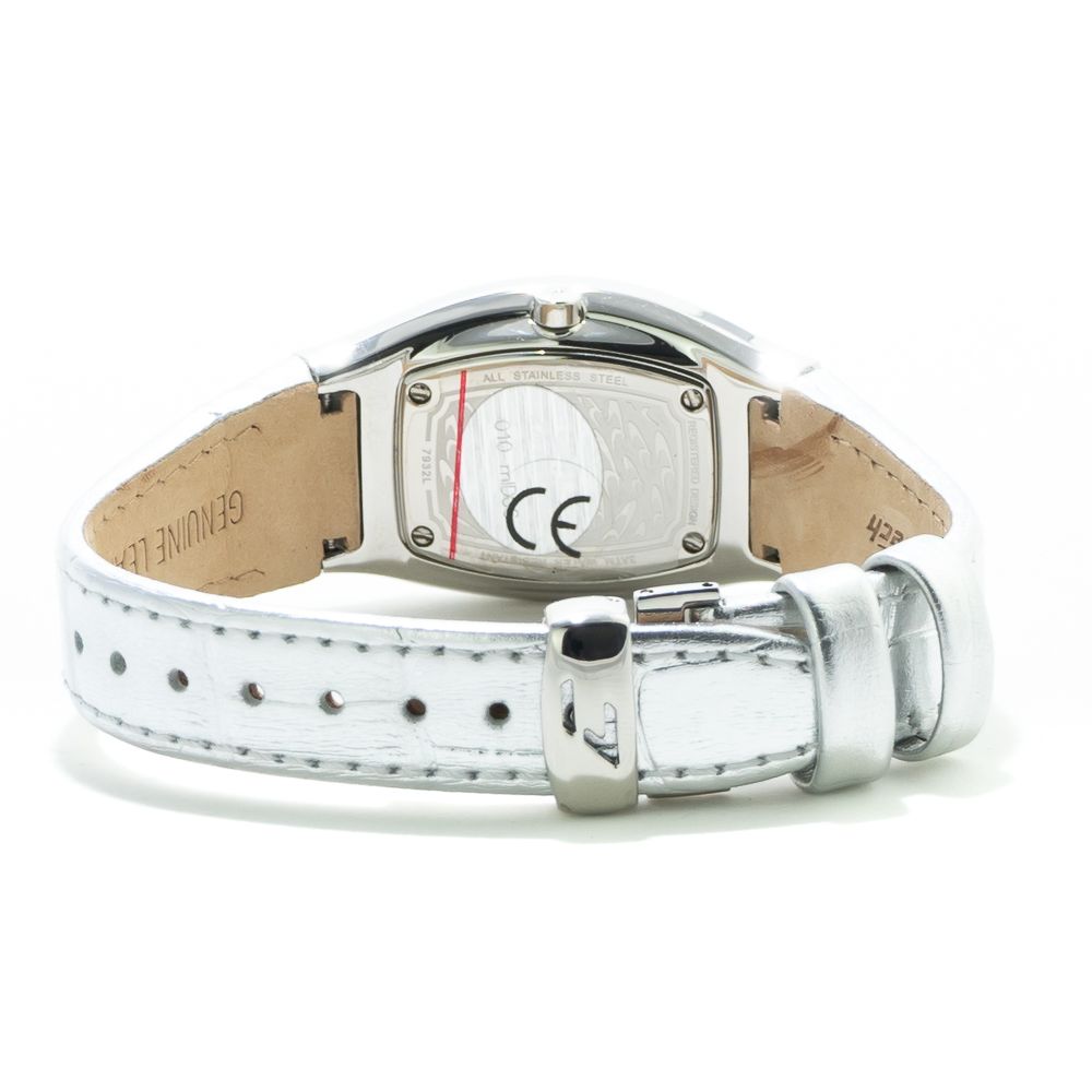 A silver leather watch with a chronograph function