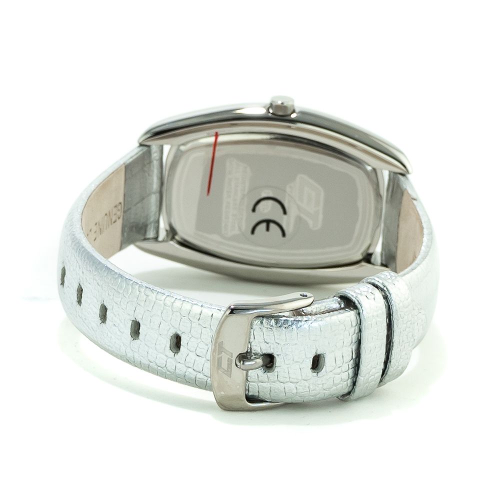 A silver leather watch with a digital display