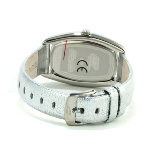 A silver leather watch with a digital display