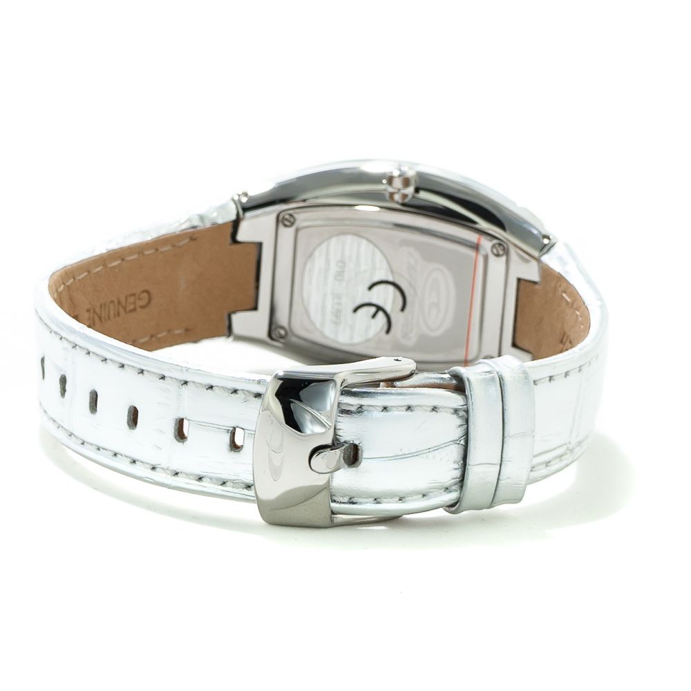 Silver leather watch with white face and black hands