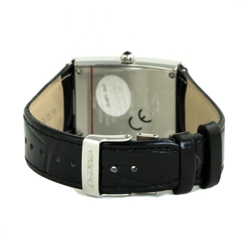 A black leather watch strap with a silver buckle, featuring a chronograph function and a date window