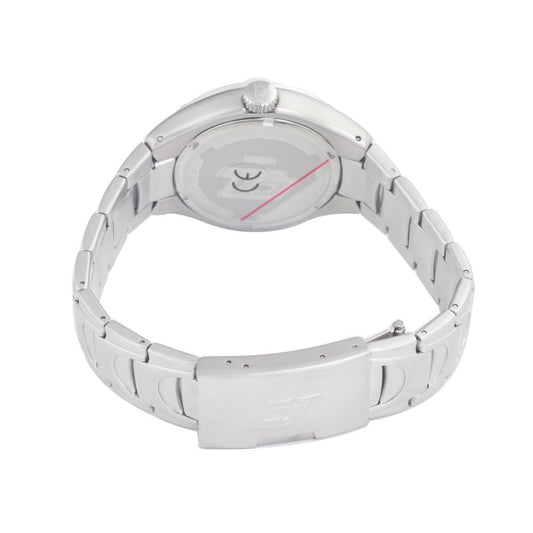 A silver stainless steel watch with a black face, red second hand, and white markings