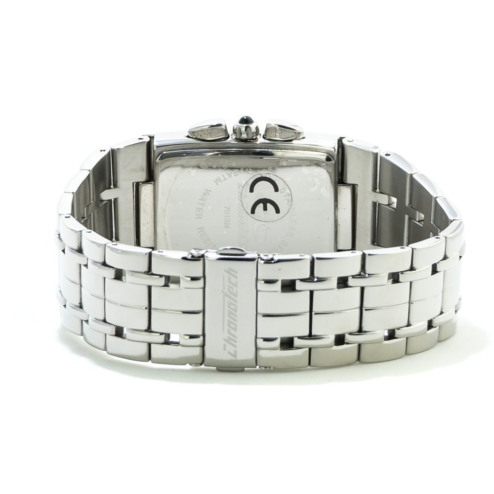 A silver stainless steel watch with a black face, white hands, and date window