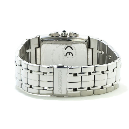 A silver stainless steel watch with a black face, white hands, and date window