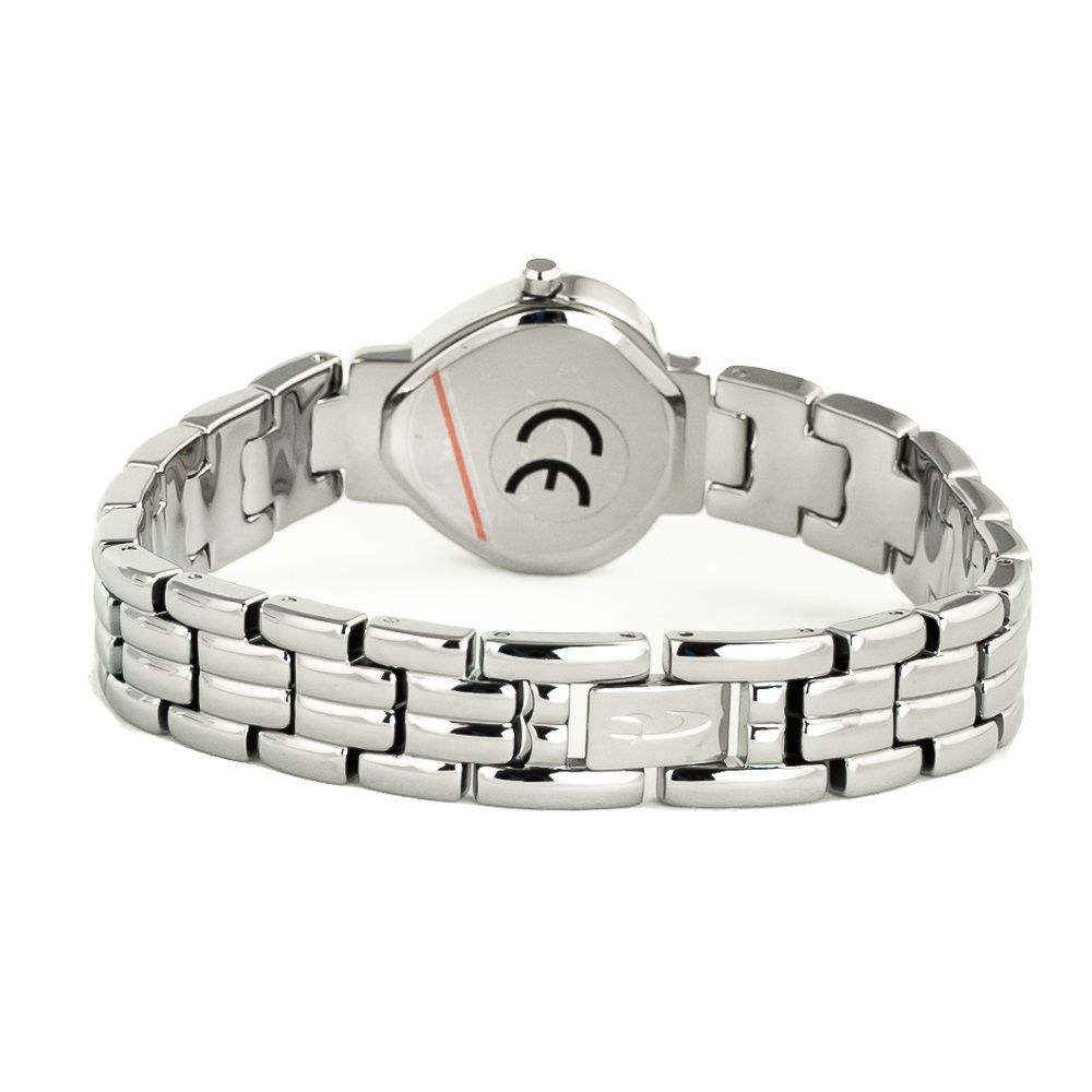 A silver stainless steel bracelet with a chronograph watch face, featuring red accents and a black logo on the dial