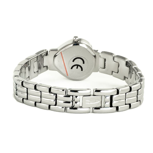 A silver stainless steel bracelet with a chronograph watch face, featuring red accents and a black logo on the dial