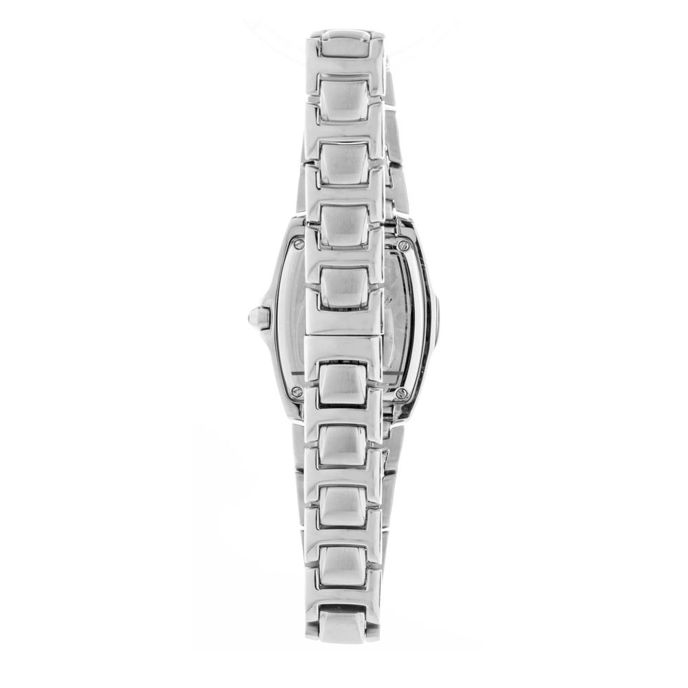 A silver stainless steel watch with a clear face and white hour markers