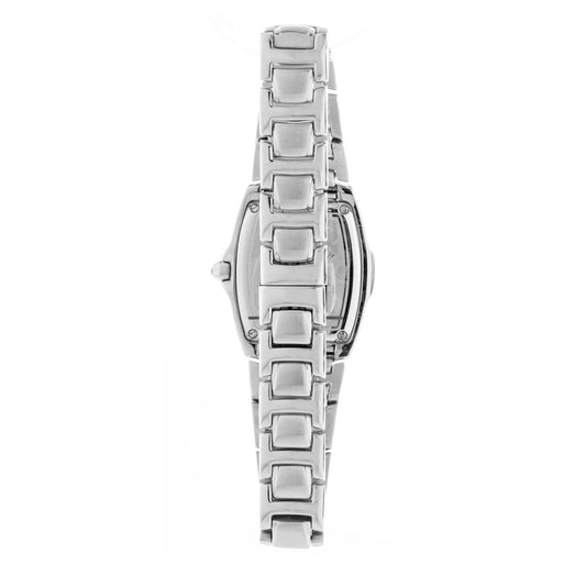 A silver stainless steel watch with a clear face and white hour markers