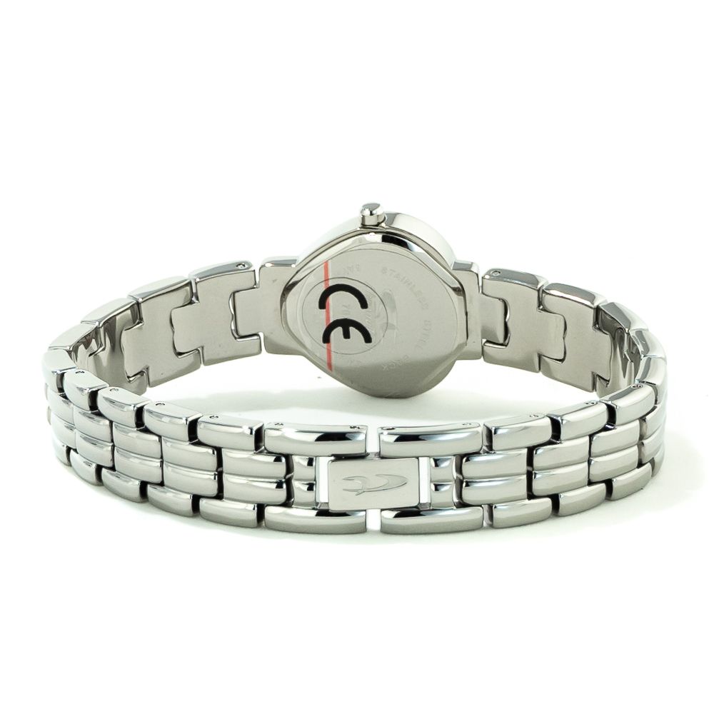 A silver stainless steel watch with a black face, red second hand, and white markings on the bezel