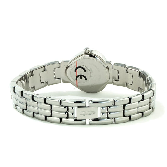 A silver stainless steel watch with a black face, red second hand, and white markings on the bezel