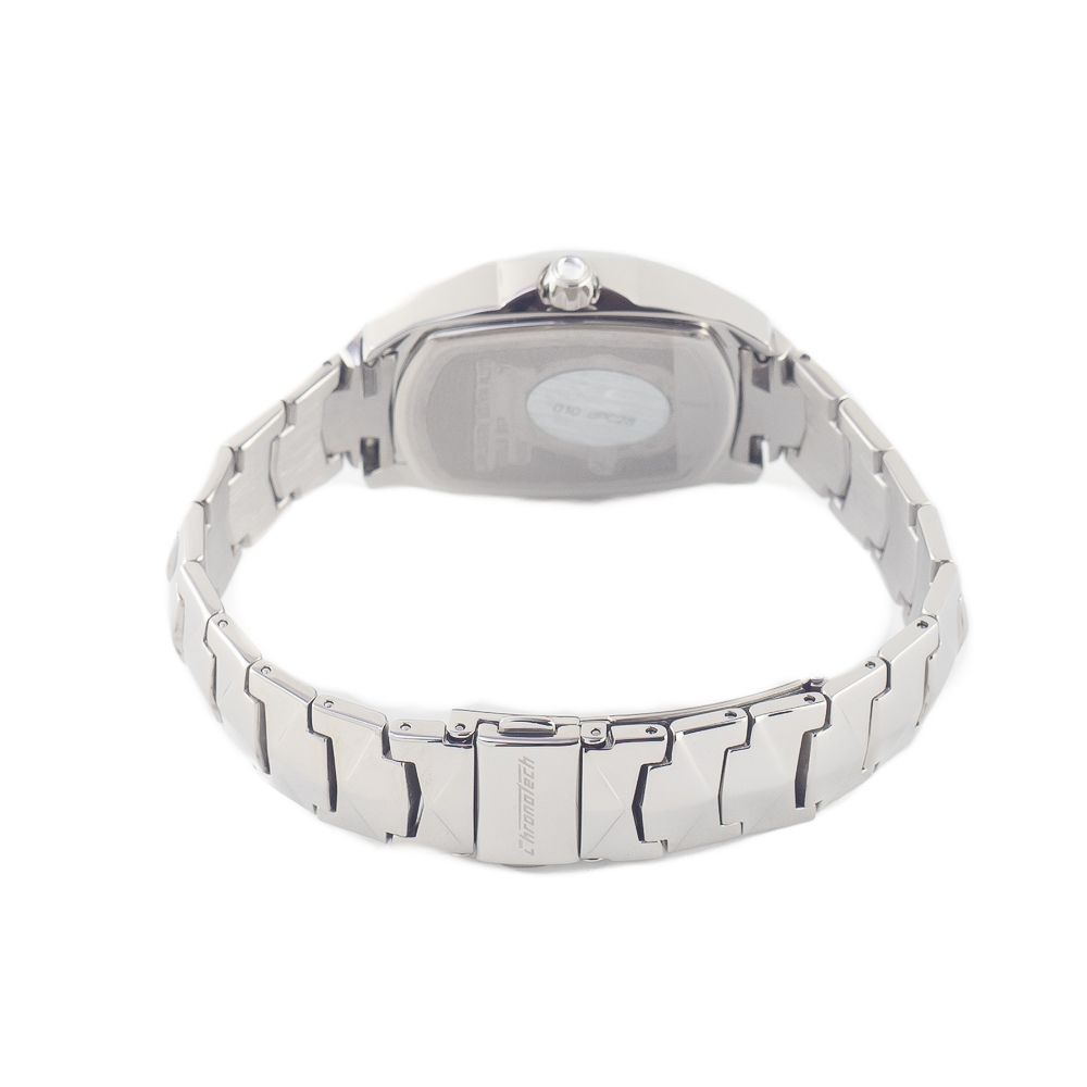 A silver stainless steel bracelet with a chronograph watch face