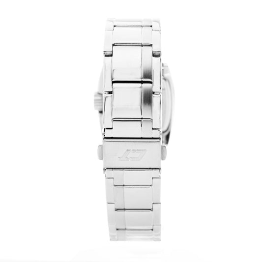 A silver stainless steel watch with a black face and white hands