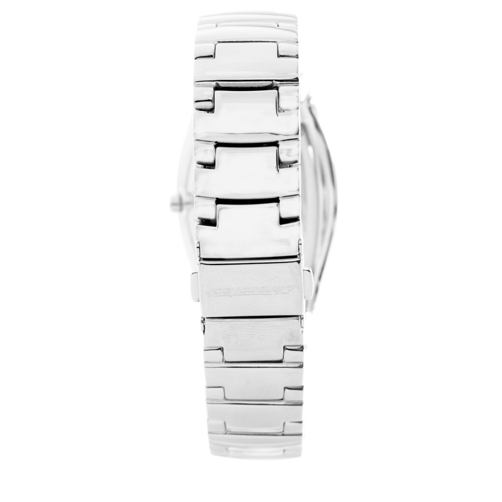 A silver stainless steel watch with a black face and white hands