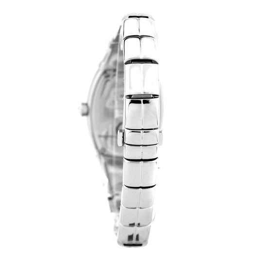 A silver stainless steel watch with a black face
