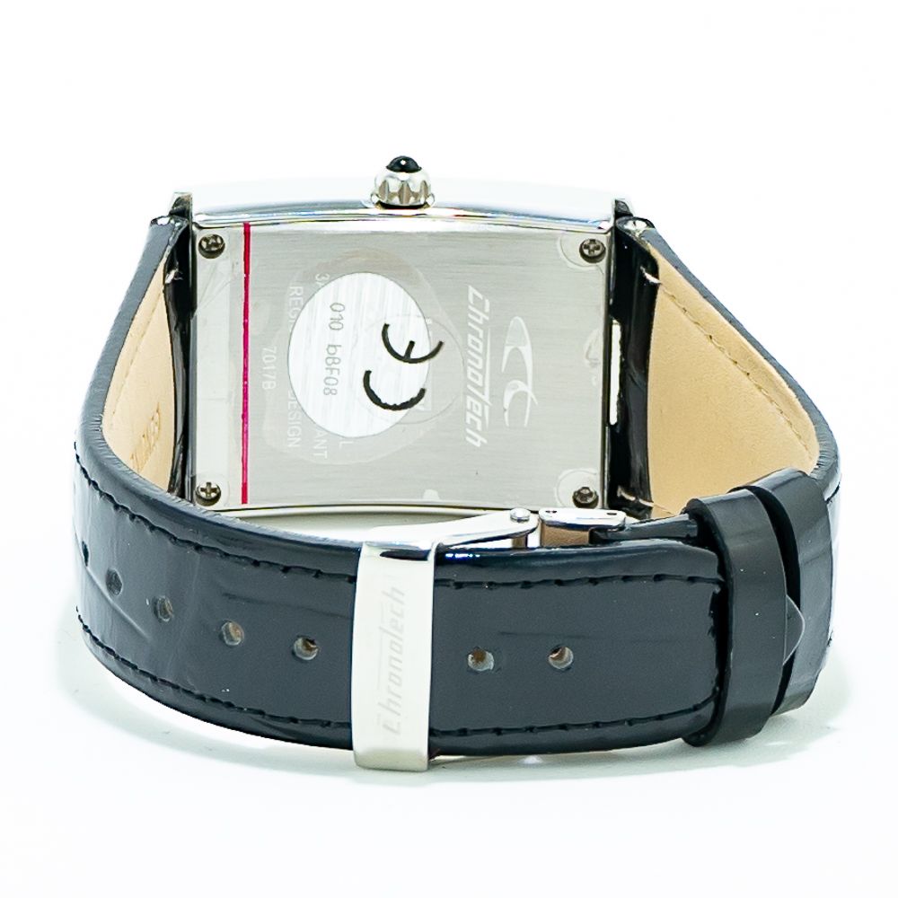 A silver stainless steel watch with a black leather band, featuring a digital display and chronograph functions