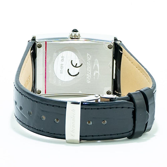 A silver stainless steel watch with a black leather band, featuring a digital display and chronograph functions