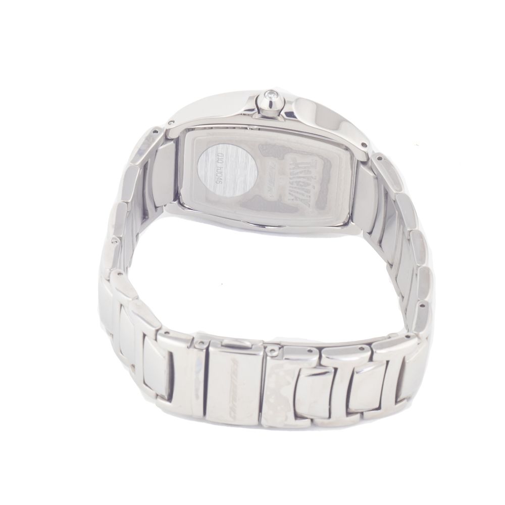 A silver stainless steel watch with a black face, featuring chronograph functions