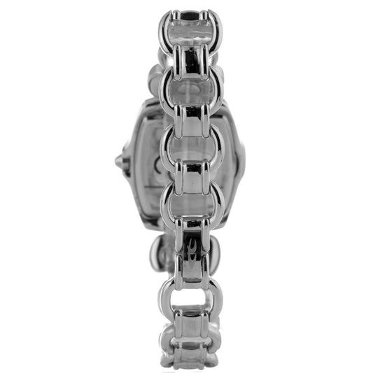 A silver stainless steel watch with a chain link band