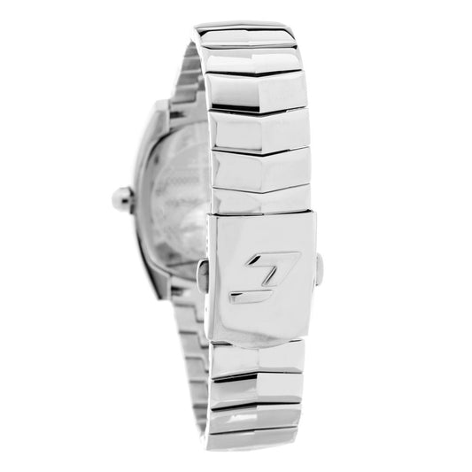 A silver stainless steel watch with a black face, featuring a logo on the dial and a date window
