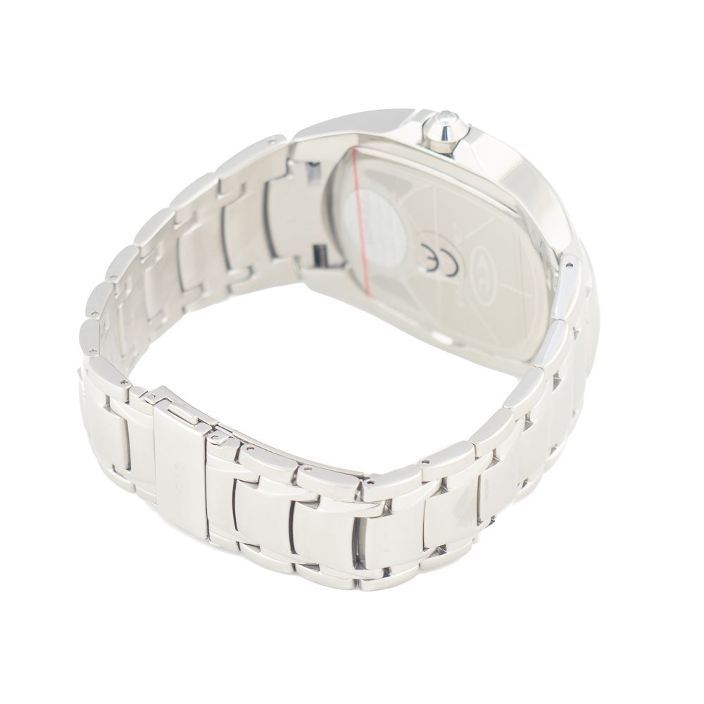 A silver stainless steel watch with a black face, white hands, and red second hand