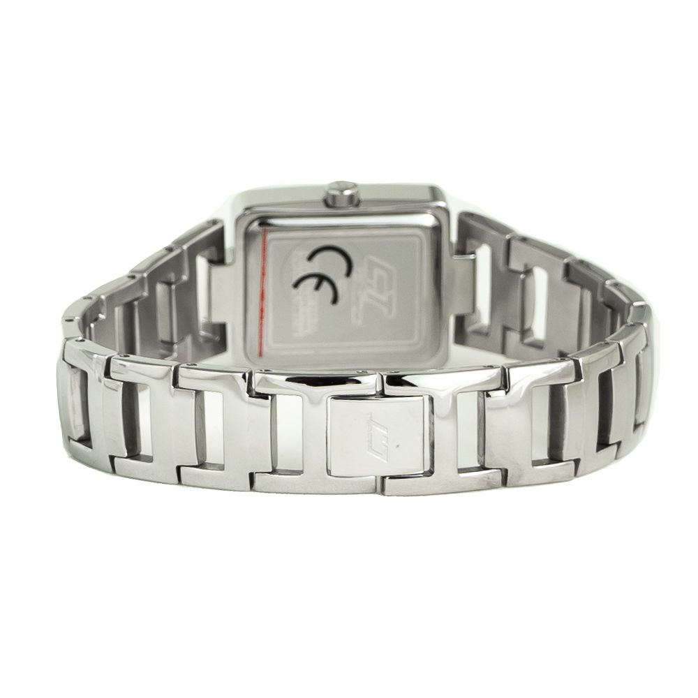 A silver stainless steel watch with a digital display on its face