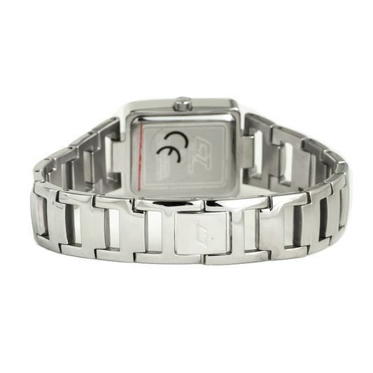 A silver stainless steel watch with a digital display on its face