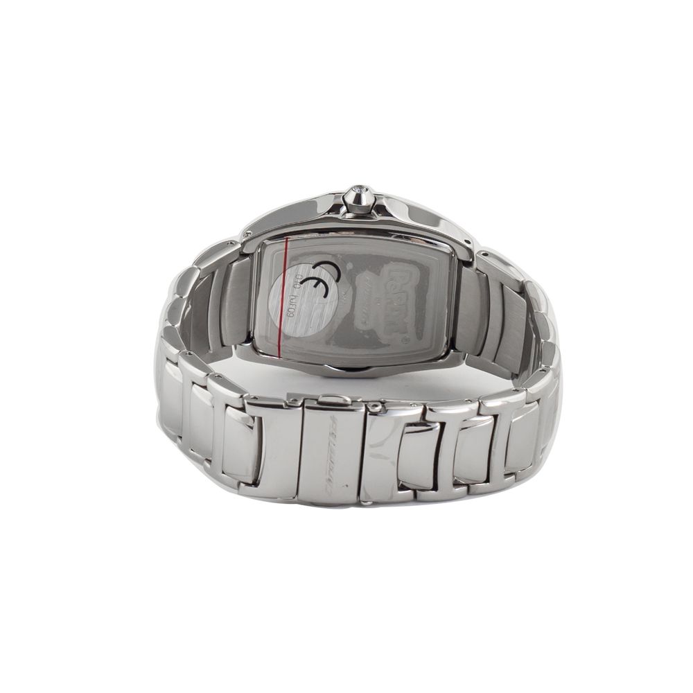 A silver stainless steel watch with a black face, white hands, and a red second hand