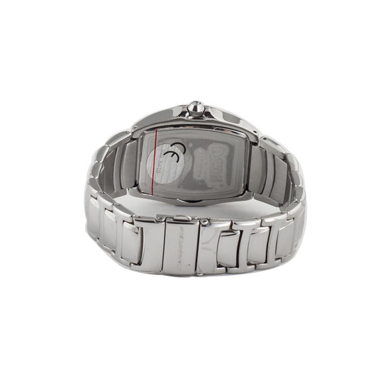 A silver stainless steel watch with a black face, white hands, and a red second hand