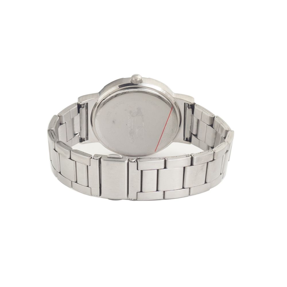 A silver stainless steel watch with a black face and red second hand