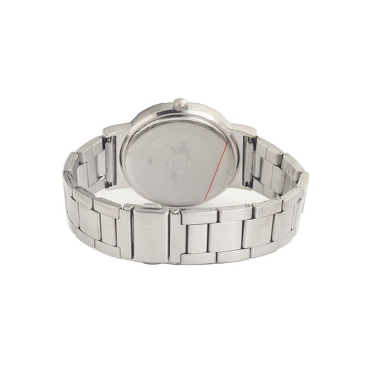 A silver stainless steel watch with a black face and red second hand
