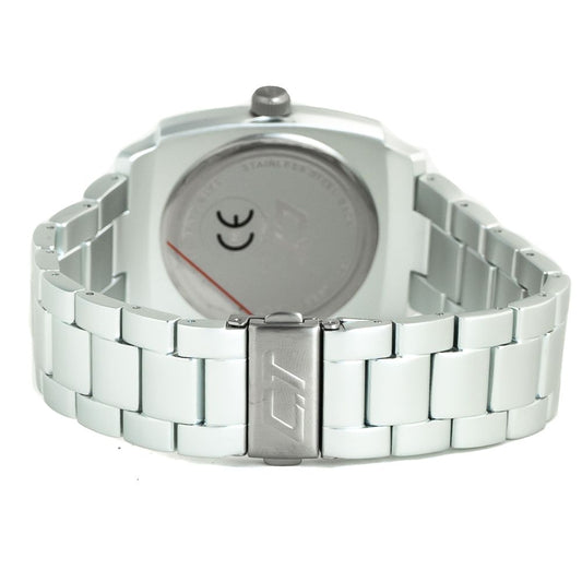 A silver stainless steel watch with a black face, white hands, and a logo on the dial