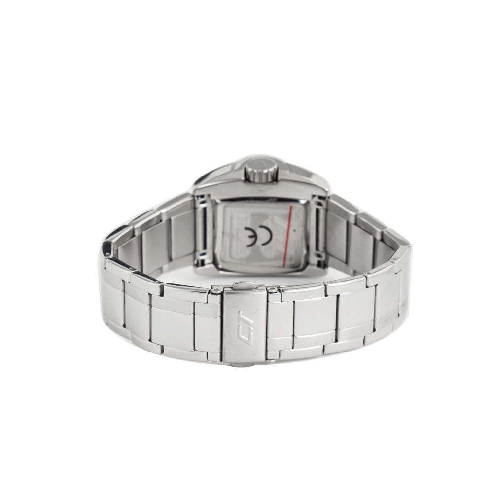 A silver stainless steel watch with a black face, white numbers, and hands