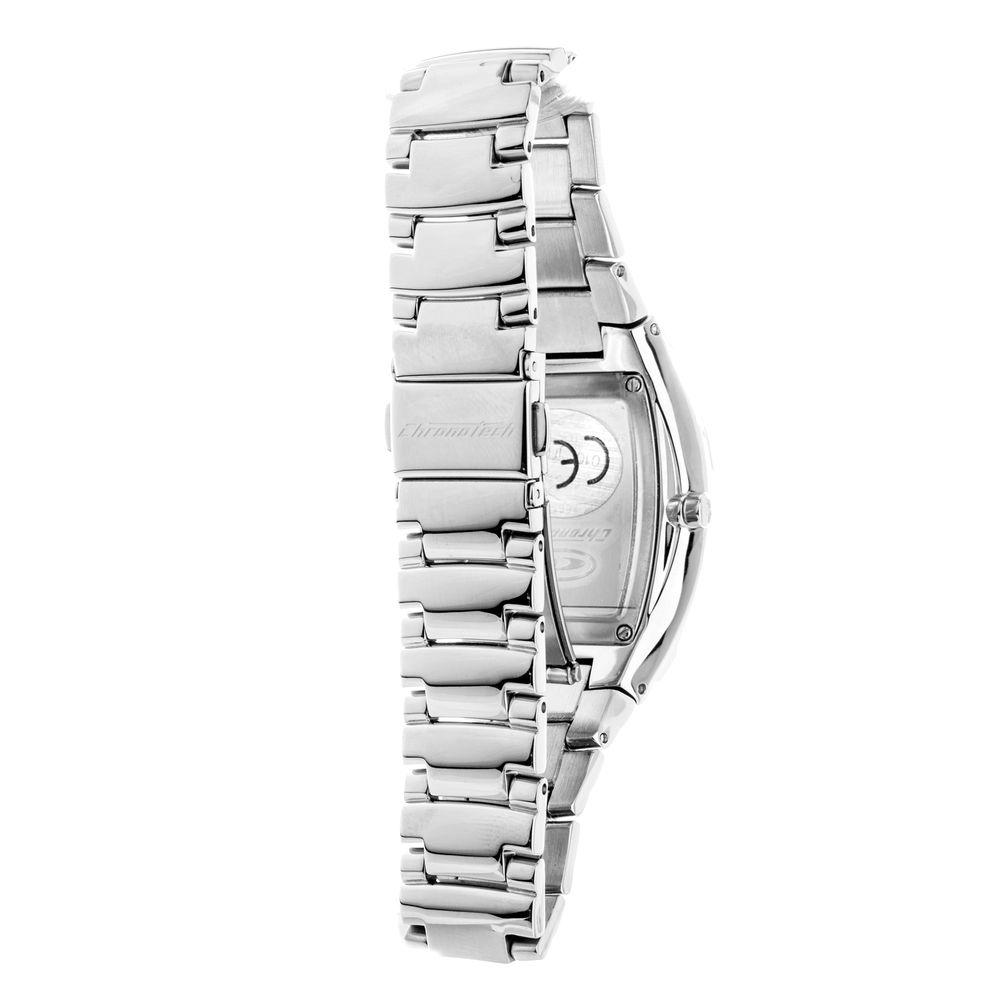 Silver stainless steel watch with black face and white hands