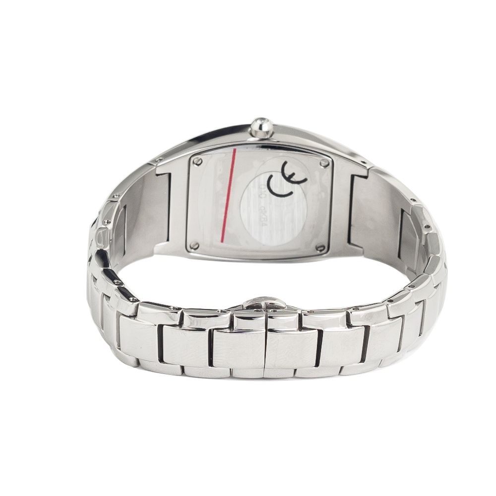 A silver stainless steel watch with a black face, red second hand, and white markings