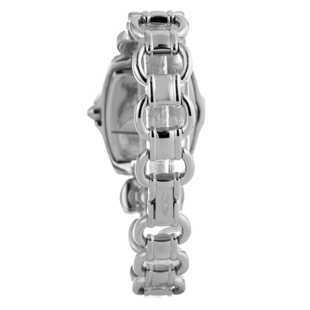 A silver stainless steel watch with a chain link bracelet