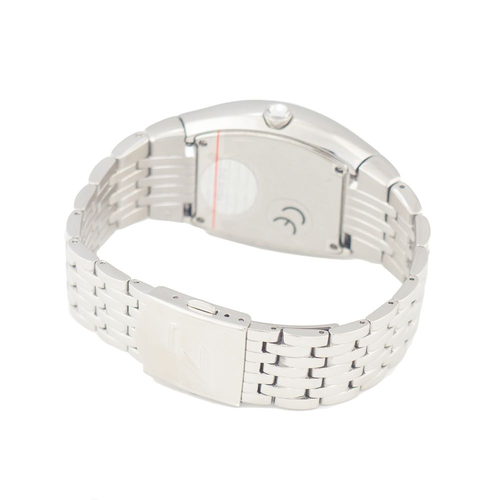 A silver stainless steel watch with a black face, white hands, and red second hand