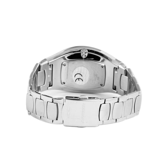 A silver stainless steel watch with a black face, white hands, and a date window