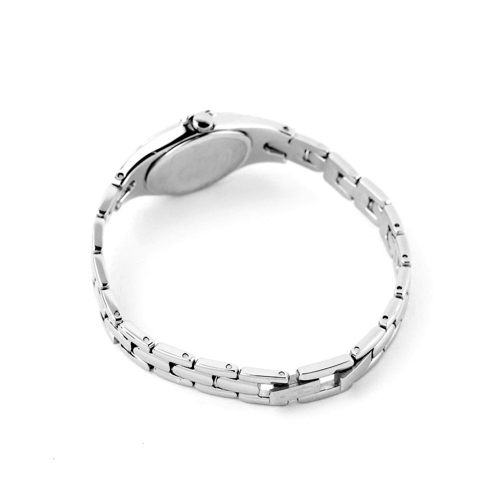 A silver stainless steel bracelet with a clasp, part of a dress watch