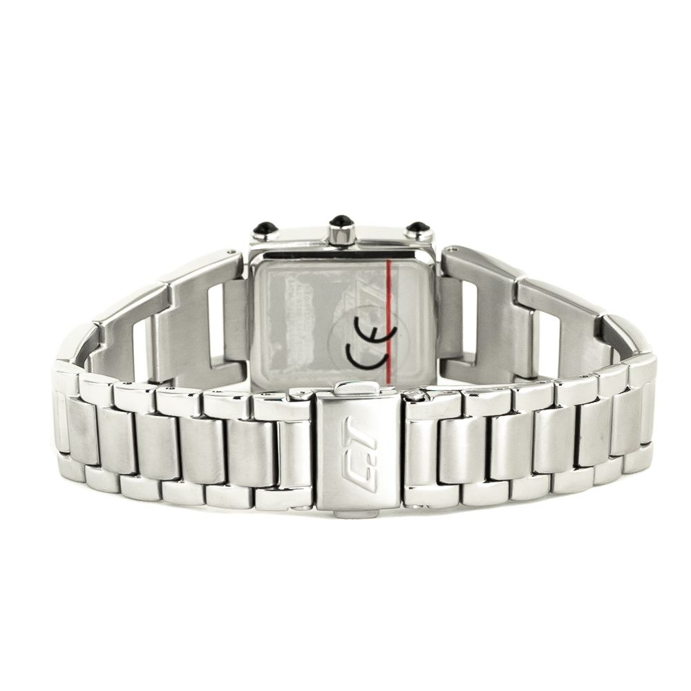 A silver stainless steel watch with a black face, red second hand, and white hour markers