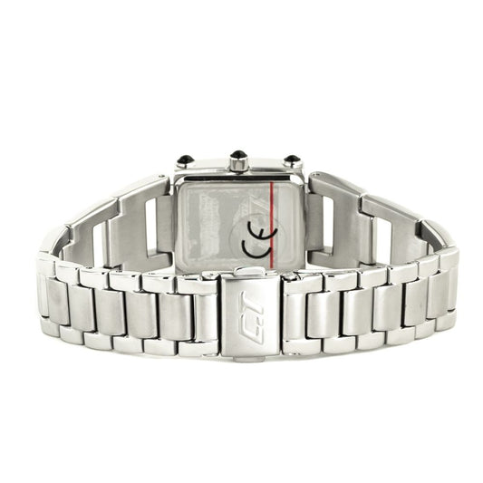 A silver stainless steel watch with a black face, red second hand, and white hour markers