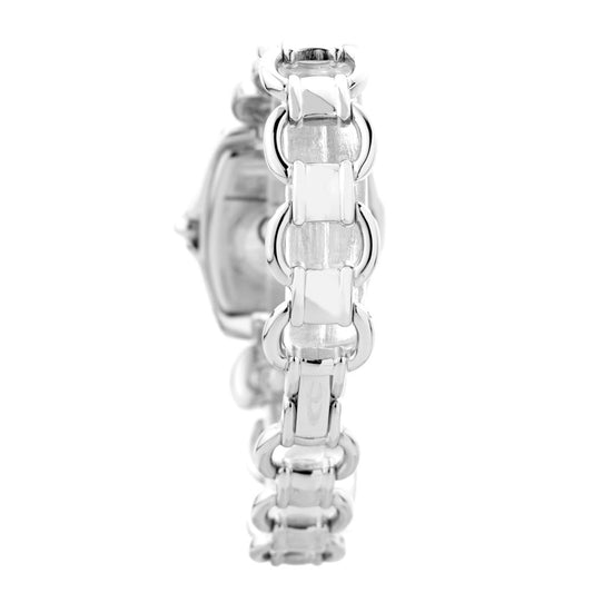 A silver stainless steel watch with a clear face, crystal chain links, and a clasp mechanism