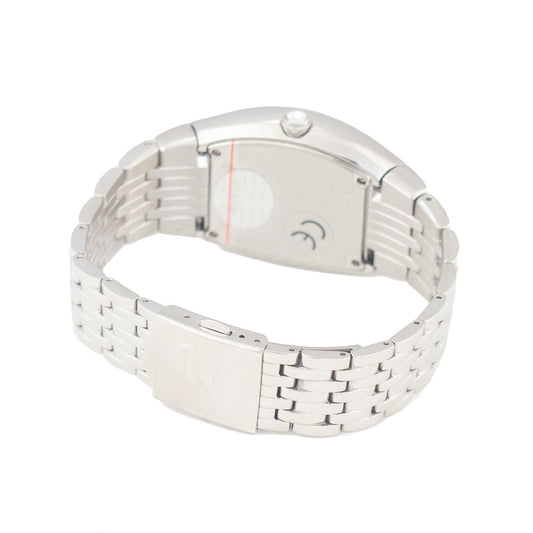 A silver stainless steel watch with a black face, white hands, and red second hand