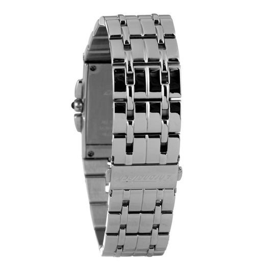 A silver stainless steel watch with a black face and white hands